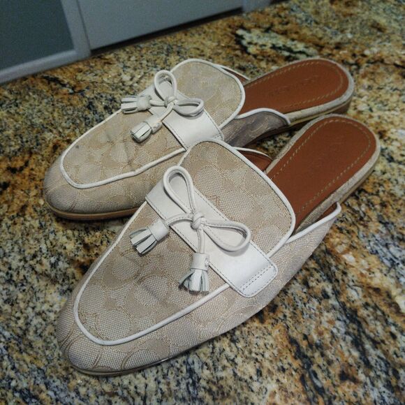 Coach Stassi Signature Jacquard Flats Slides FG2709 Light Khaki Womens Size 10 B - Picture 1 of 11